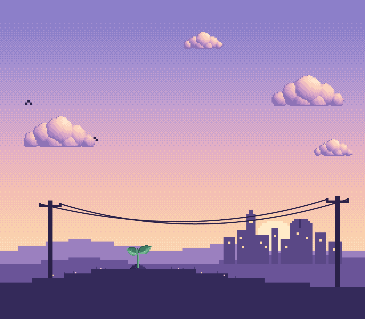 Une graine au pied des poteaux électriques, sous un ciel de crépuscule.